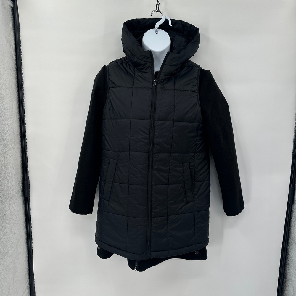 New Lands End Womens 3-in-1 Wool Blend Coat and Quilted Puffer Vest Black Medium